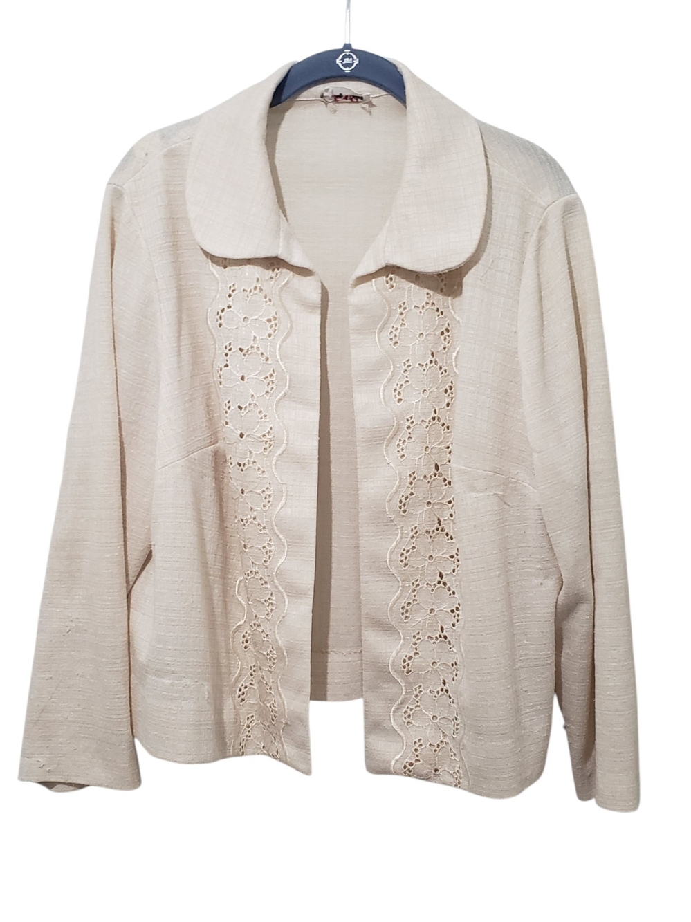 VTG AMY ADAMS Cream Open-Front Knit Jacket with Crochet Trim | Large